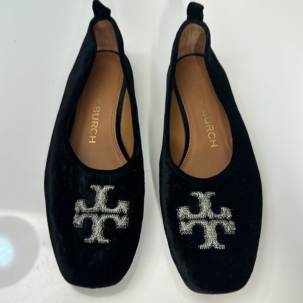 Tory Burch Eleanor Crystal Velvet Black Ballet Flats Size 7.5 Old Money Luxury